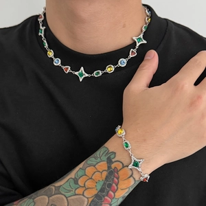 Conjunto de Joyería de Lujo de Collar y Pulsera con Colgante de Estrella de Piedras Preciosas de Acrílico Colorido para Hombres Mujeres Accesorios de Strass Street Punk