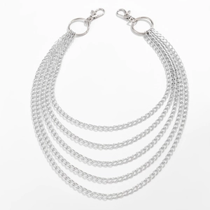 Multi-layer silver aluminum pant chain with five tiered links and lobster clasps