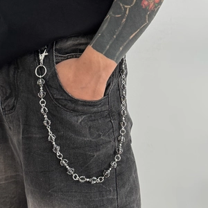 Vintage Gothic Punk Men Alloy Magic Wand Cross Flower Pant Chain Wallet Chain For Jeans Distressed Silver Streetwear Jewelry