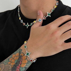 Conjunto de collar y pulsera hip-hop para hombre con gemas de colores y estrellas