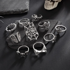 Retro punk gothic ring set with spider web, skull, and bat designs on black rock