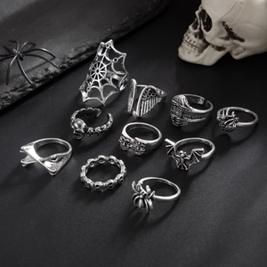 Detail of 10-piece punk gothic ring set with spider web, skull, and bat designs