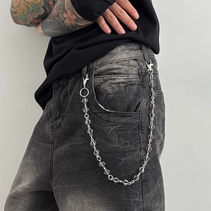 Silver punk style wallet chain with embossed cross motifs on metal ball links
