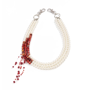 Three-layer pearl waist chain with red textured beads and silver lobster clasps for men