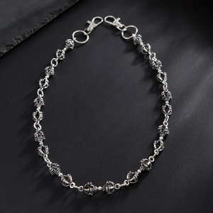 Silver vintage gothic pant chain with carved spherical beads and lobster clasps