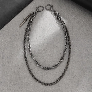 Men's hip hop double layered pant chain with mini dagger pendant in antique silver