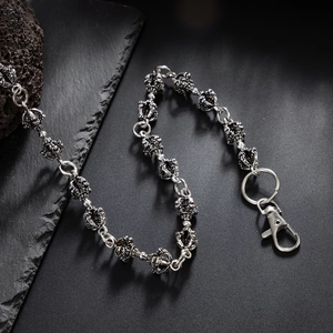 Gothic silver punk waist chain featuring metal wand links and lobster clasp for men