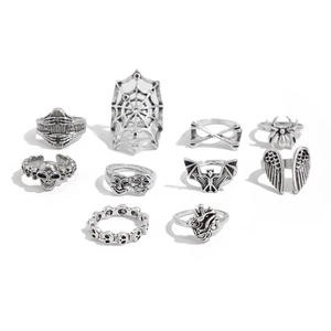 10-piece Gothic skull ring set in antique silver with spider and bat motifs