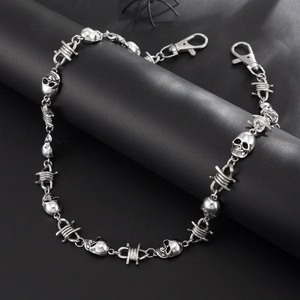Retro hip hop skull wallet chain with barbed wire links in antique silver finish