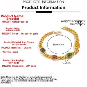 Detailed size specifications for a gold curb chain bracelet with oval acrylic gemstone charms