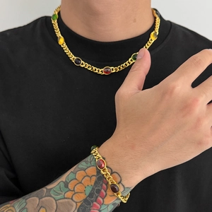 Fashion Men Light Gold Iron Cuban Link Chain Necklace And Bracelet Multicolor Acrylic Gemstone Inlaid Jewelry For Daily Party