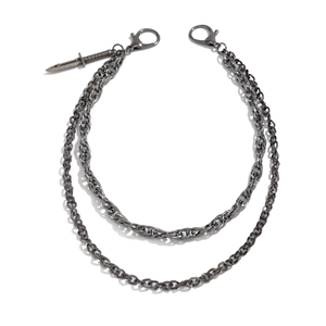 Double-layered gunmetal punk wallet chain for men featuring a dagger pendant and lobster clasps