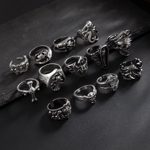 Macro display of 12 gothic punk rings featuring skulls, crosses and coffins in vintage silver