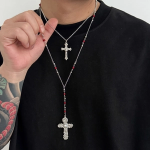 Double-layer silver cross necklace with red beads and crystal pendant for men