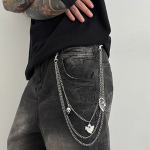 Punk style triple-layered silver waist chain with ghost and skeleton hand pendants
