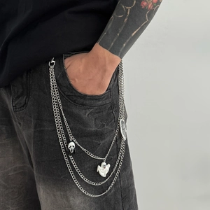 Gothic multi-layer silver pants chain with ghost and scream mask charms on jeans