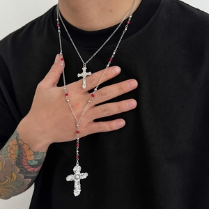 Double-layered cross necklace with red beads and vintage baroque pendants for men