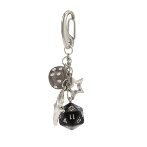 Vintage star and dice keychain featuring a silver shark charm and a multi-sided D20 dice