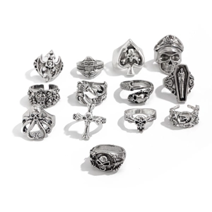 Gothic punk ring set for men featuring skull cross and octopus motifs in antique silver finish
