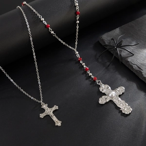 Gothic silver cross necklace with red beads and white pearl pendant for men