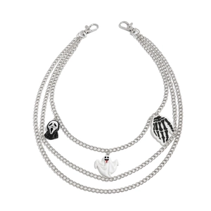 Gothic multi-layer silver pants chain with ghostface and bone hand charms for Halloween