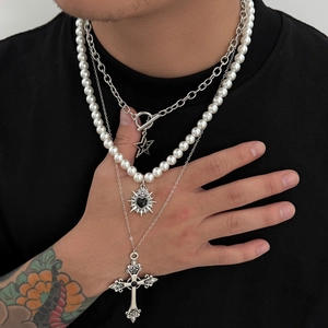 Men's hip-hop three-layer necklace set with pearls, star pendant and cross on silver chains