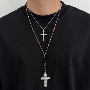 Gothic Cross Pendant Necklaces Red Beads Double Layer Alloy Copper Iron Chain Faux Artificial Pearl Jewelry For Men Daily Party