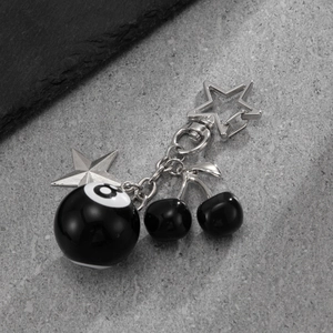 Hip hop black billiard ball No. 8 and cherry charm keychain with silver stars