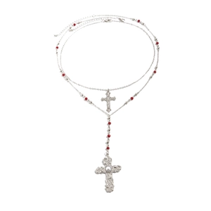 Silver multi-layer necklace with double cross pendants, red beads and white pearl detail