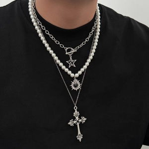 Men hip hop layered silver necklace set with cross, heart, and star pendants