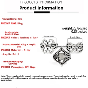 Detailed spec sheet for 3-piece antique silver alloy ring set with acrylic accents