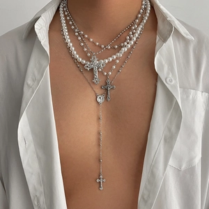 Gothische Vintage Heren Gelaagde Ketting Set Legering Kunstparel Ketting Met Jezus Kruis Crucifix Religieuze Mode Sieraden