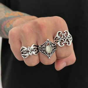 Retro punk ring set with hip-hop geometry and turquoise stone for men and women