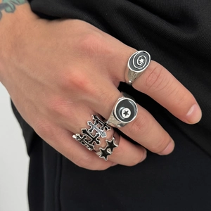4-teiliges Herren Ring-Set im Punk-Stil mit Stern-Motiv aus Silberlegierung und Emaille
