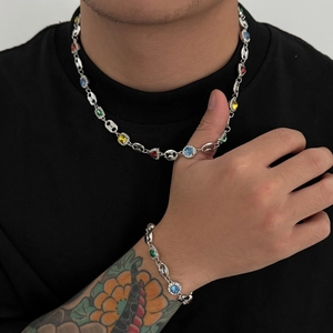 Ensemble collier et bracelet Hip Hop argenté grains de café avec strass colorés