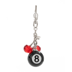 Streetwear keychain with red acrylic cherries and black 8-ball charm on silver chain