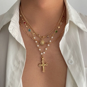 Vintage Cross Artificial Pearl Pendant Necklace Multi Layer For Women Men Gold Silver Alloy Rhinestone Sun Bohemian Jewelry