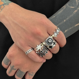 6-piece silver gothic ring set with cross and star designs for a punk hip-hop style