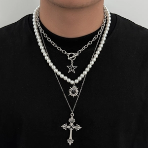 Hip Hop Multi Layer Necklace Alloy Iron Chain Imitation Artificial Pearl Cross Heart Star Pendant Gothic Punk Style Jewelry For Men