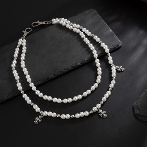Chaîne de pantalon gothique pour homme avec perles blanches et pendentifs croix argentés