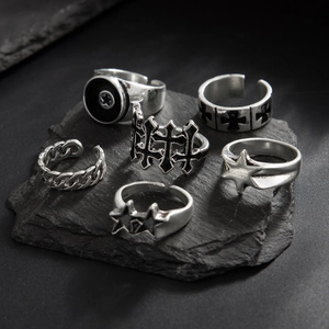 Men Vintage Cross Pentagram Stackable Rings Punk Gothic Hip Hop Alloy Silver Color Enamel Star Finger Jewelry Gift