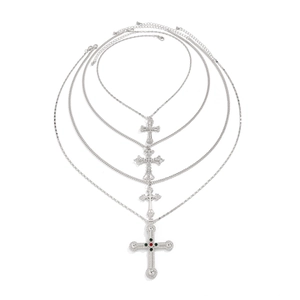 Ensemble de colliers multicouches argentés pour hommes avec quatre pendentifs croix style hip-hop