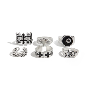 6-piece vintage silver star and cross ring set with hip-hop street style for men