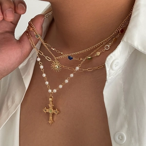 Hip hop layered gold necklace set with sun pendant, colorful crystals and pearls