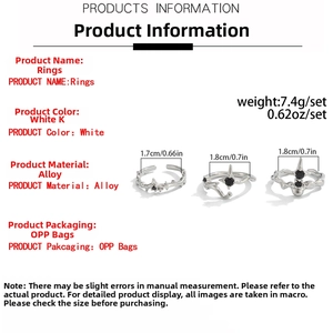 Three-piece silver star ring set showing size specs and weight of 7.4g for men