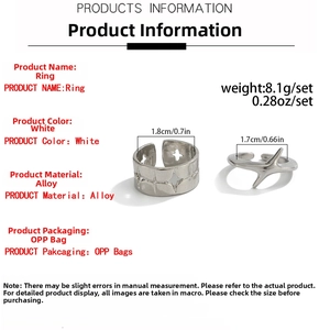 Detail view showing dimensions and weight of silver-tone alloy star ring set for men