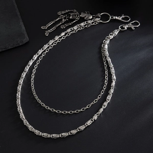 Men's hip hop punk silver metal wallet chain with skull pendant and double layer links