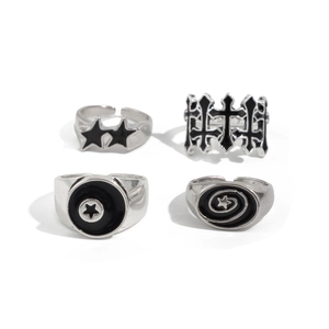4-teiliges silbernes Punk-Stern-Ring-Set mit schwarzer Emaille und verstellbaren Bändern