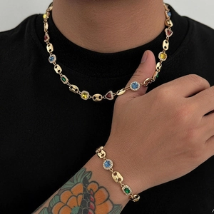 Ensemble Collier et Bracelet Homme Hip Hop Maillon Marina Strass Multicolore Alliage Boucle Museau de Porc Bijoux Fête