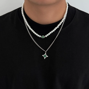 Herren Doppelreihige Imitationsperle Halsketten Set Legierung Grüner Edelstein Stern Kreuz Anhänger Hip Hop Schmuck